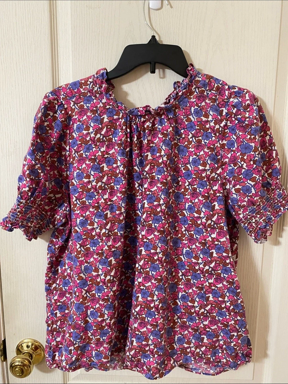 J. Crew Pink, Purple & pink Floral Linen Peasant Top